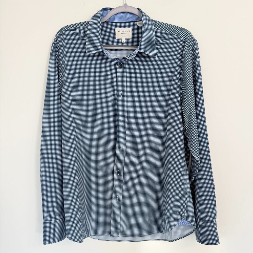 👔 **CON.STRUCT Slim Fit 4-Way Stretch Dress Shirt – Blue Micro Check – Size Lar